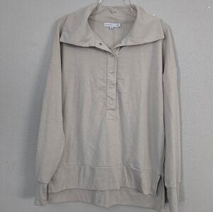 Sincerely Jules Light Grey Beige Open Collar Long Sleeve Pullover Top Women